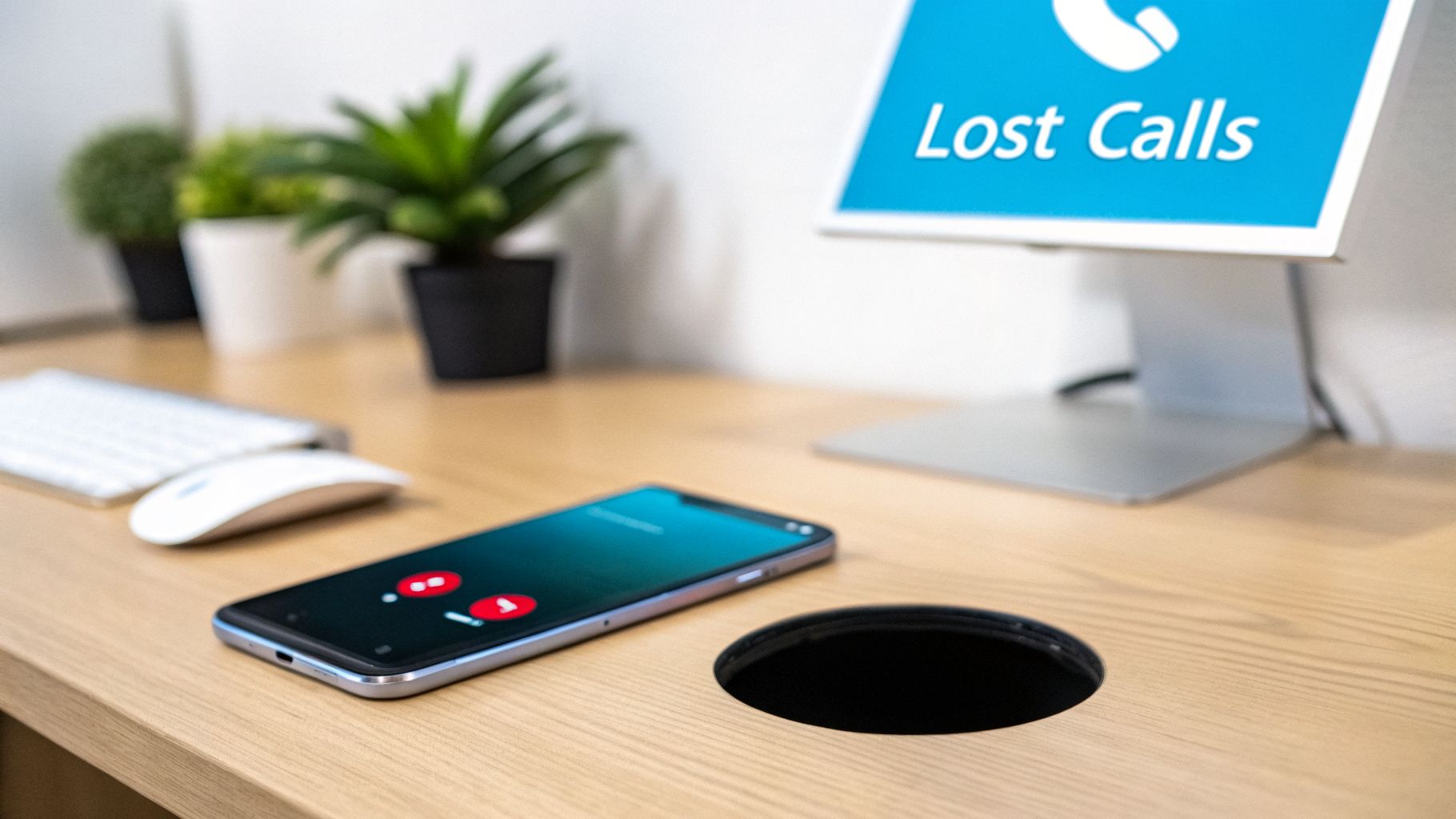 A smartphone on a wooden desk displays a call screen, with a "Lost Calls" sign in the background.