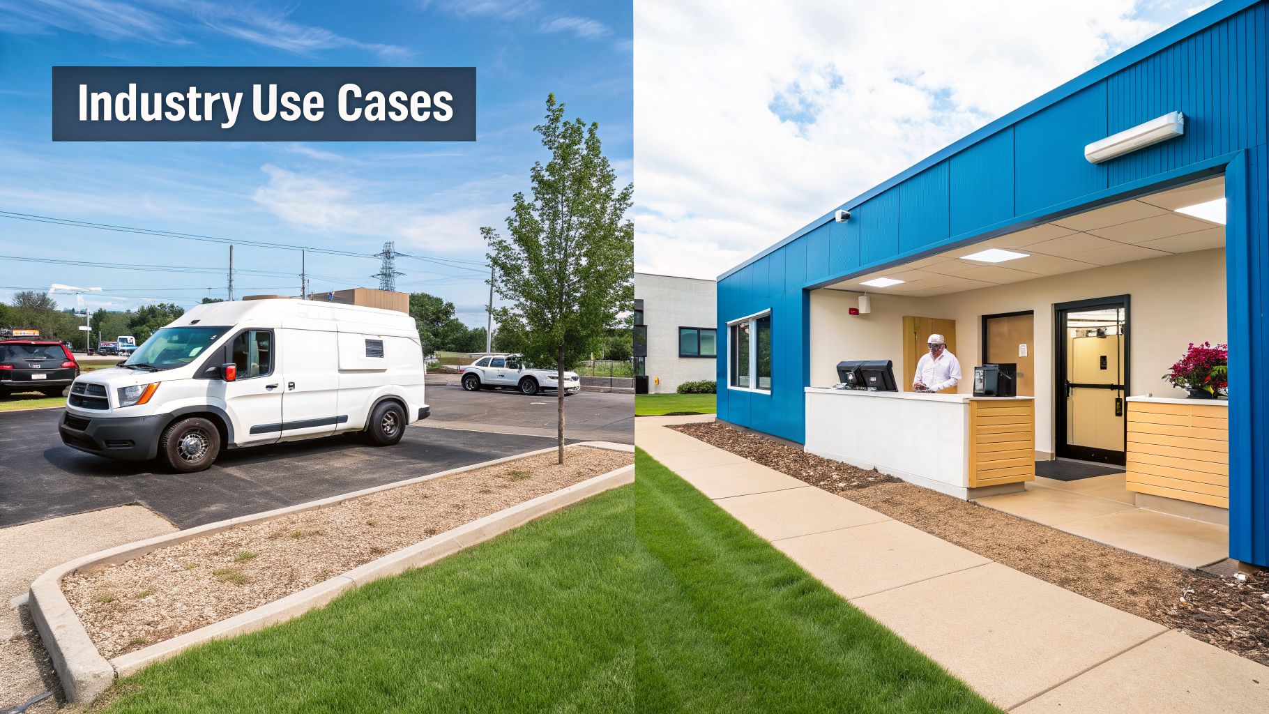 Split image showing a white delivery van in a parking lot and a modern building reception desk with a person.