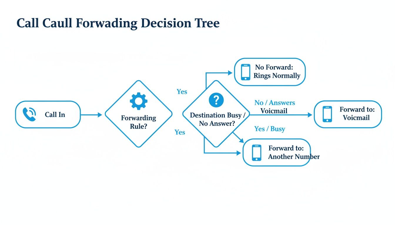 A call forwarding decision tree flowchart illustrating the process from call-in to various routing outcomes.