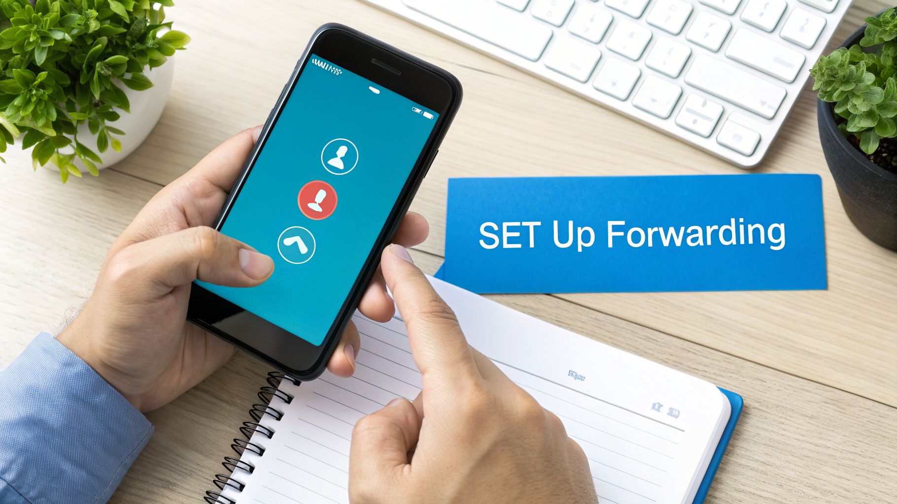 A person's hands hold a smartphone next to a 'SET Up Forwarding' card on a desk.