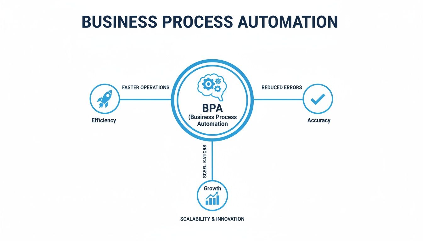 Diagram illustrating Business Process Automation (BPA) benefits: faster operations, reduced errors, and growth.