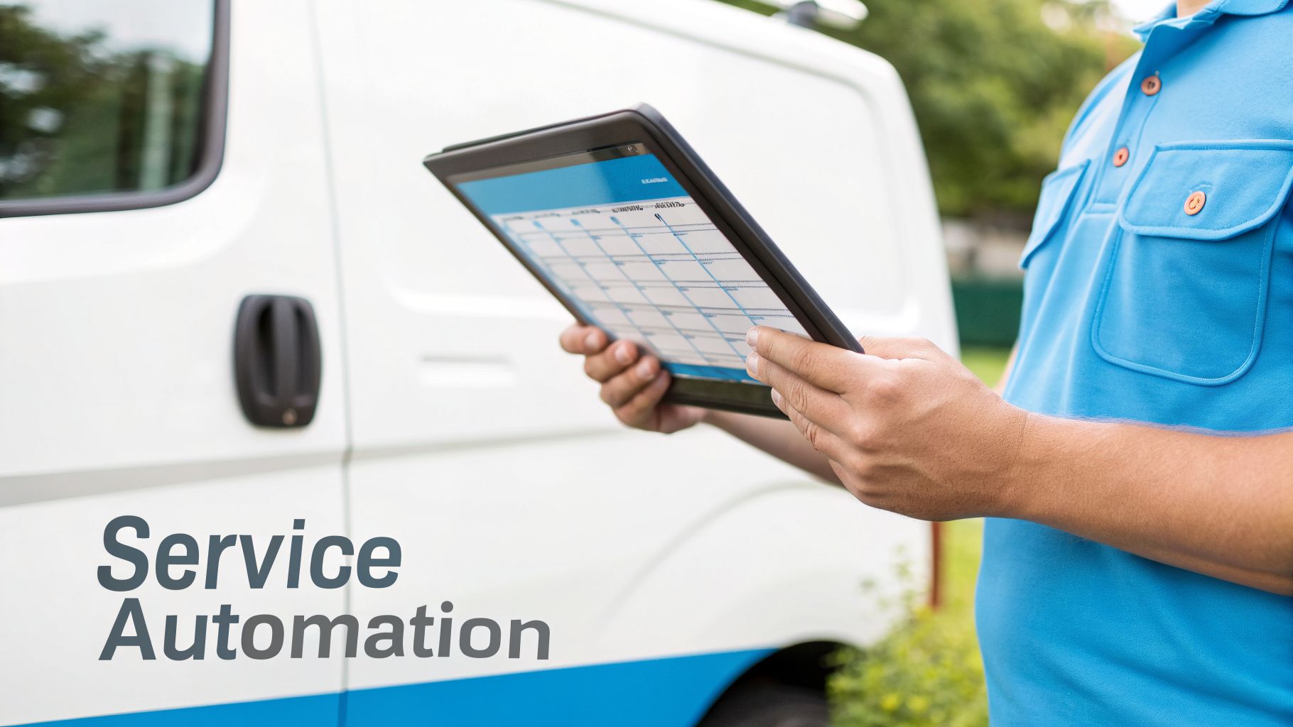 A service technician in a blue uniform uses a tablet to manage tasks next to a white service van, representing service automation.