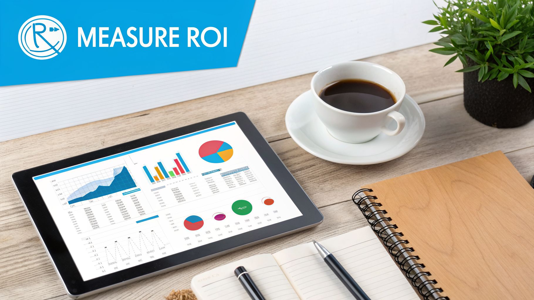 A tablet displays business charts and graphs on a wooden desk with coffee, pens, and a notebook, highlighting ROI measurement.