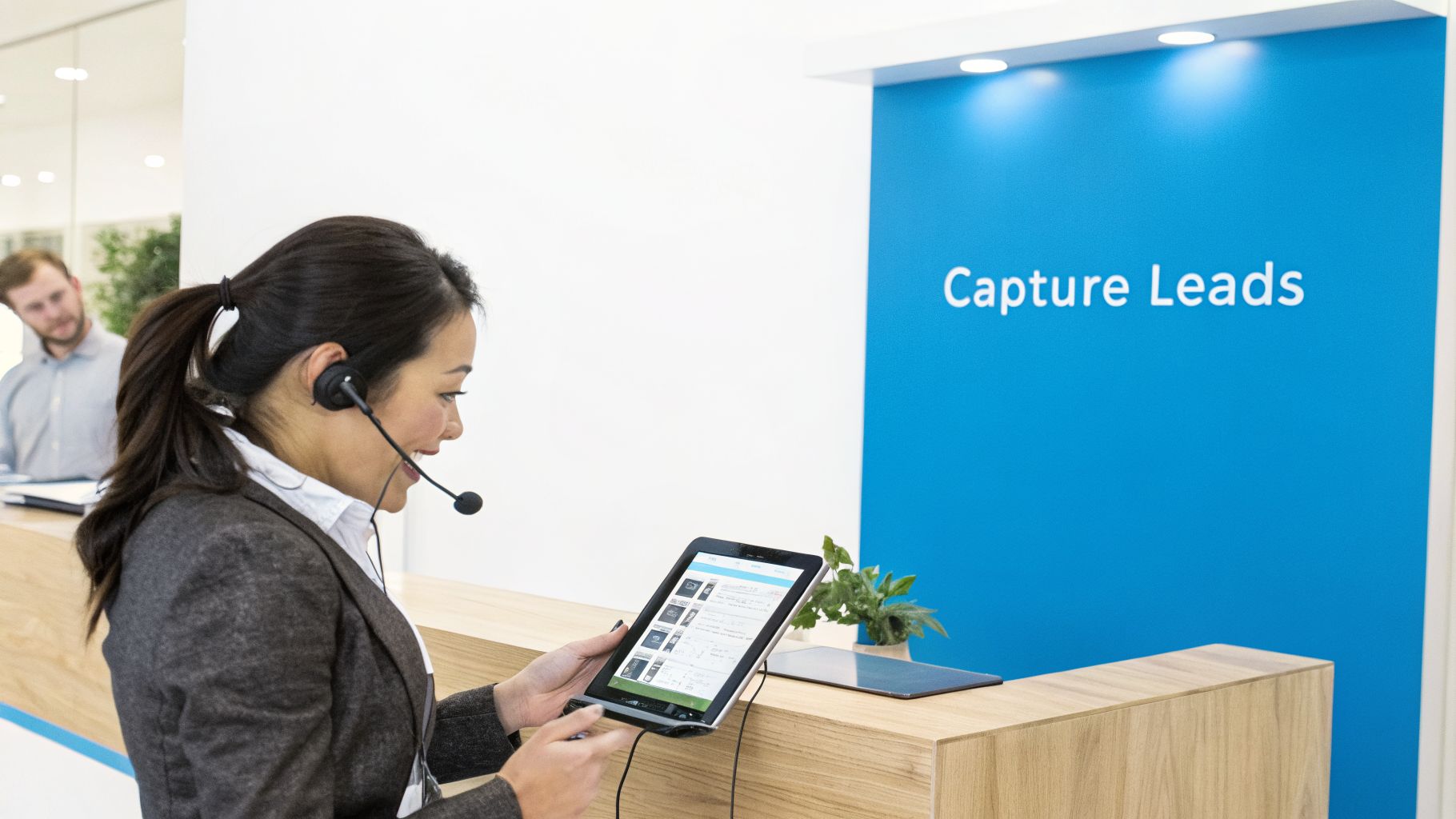 A woman in a headset uses a tablet at a modern reception desk, with 'Capture Leads' on a blue wall.