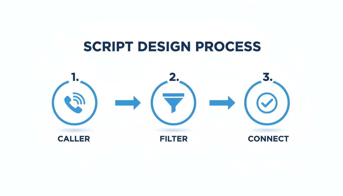 Visual representation of the Script Design Process showing three steps: Caller, Filter, and Connect.