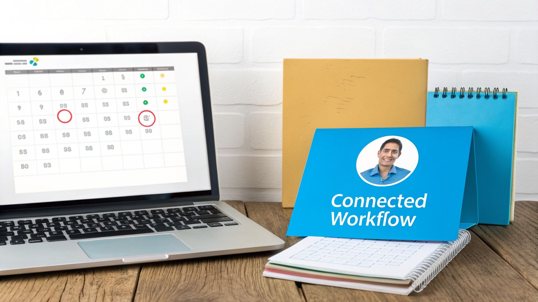 A laptop shows a calendar app, next to a blue 'Connected Workflow' desk sign with a man's photo.