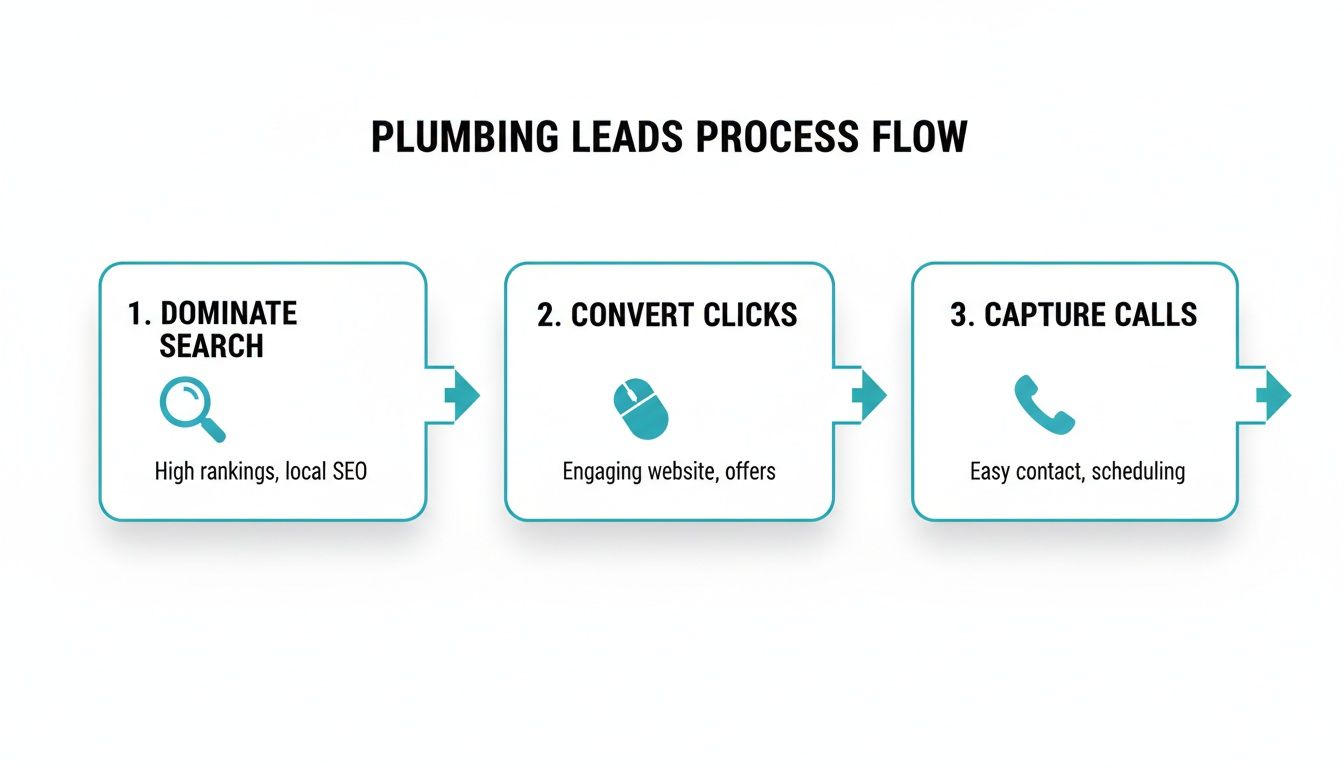 Flowchart illustrating a 3-step process to generate plumbing leads: dominate search, convert clicks, capture calls.