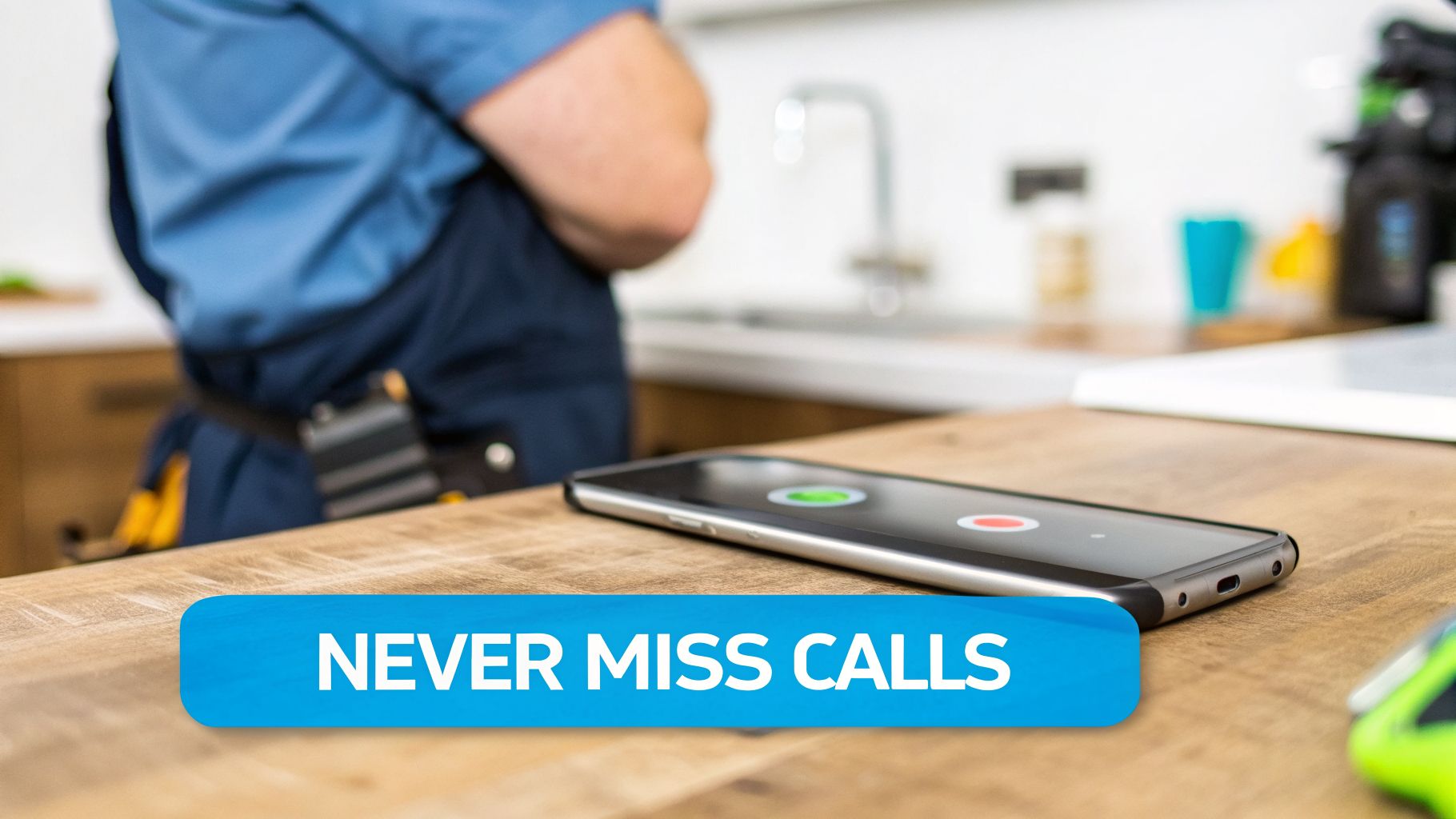 Plumber in a kitchen, a smartphone on the counter shows an incoming call with a 'NEVER MISS CALLS' banner.