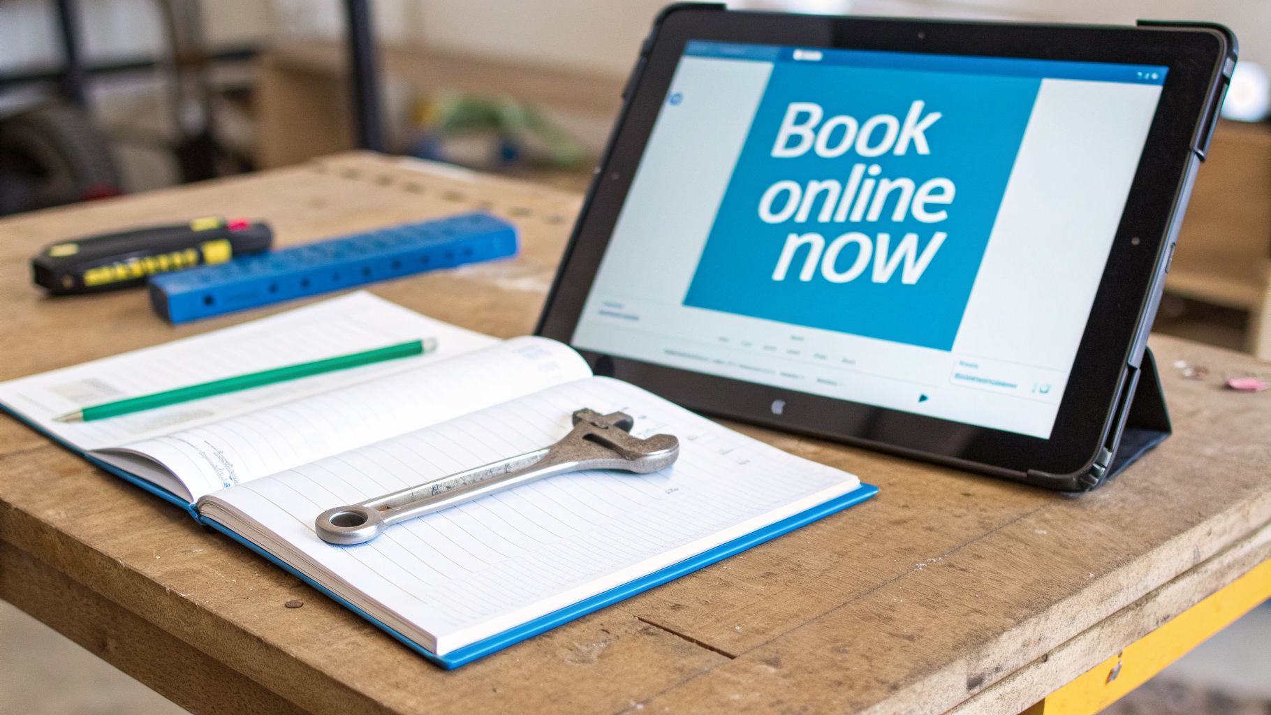 Tablet showing 'Book online now' with a wrench, notebook, and tools on a rustic wooden desk.
