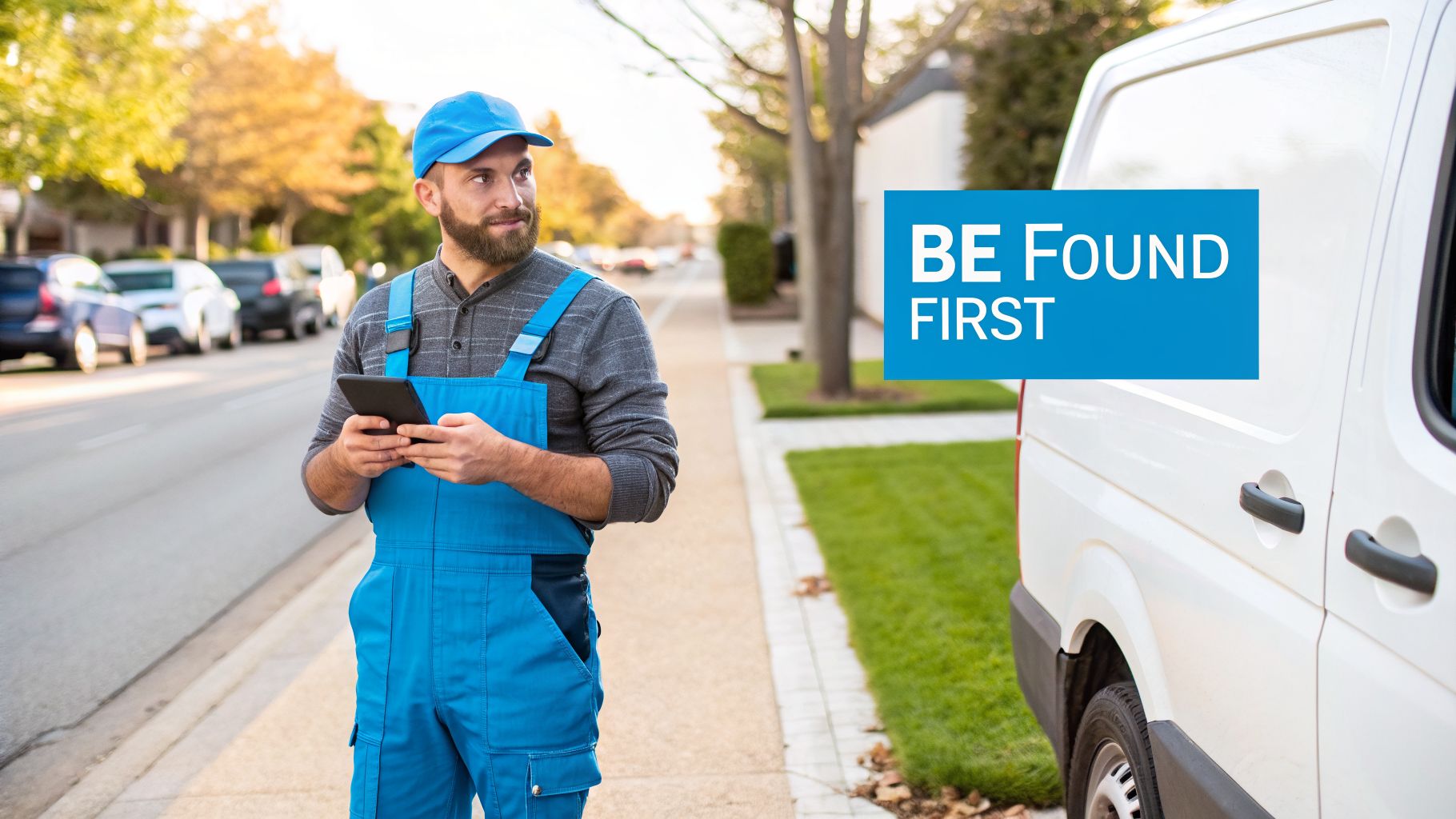 A tradesman in blue overalls and cap, holding a tablet on a sidewalk next to a white van, with 'BE FOUND FIRST' text.
