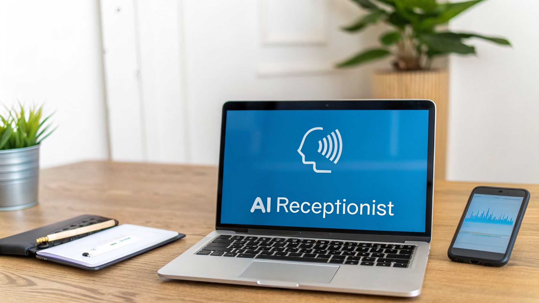 An office desk with a laptop screen showing 'AI Receptionist' and a smartphone with a graph.