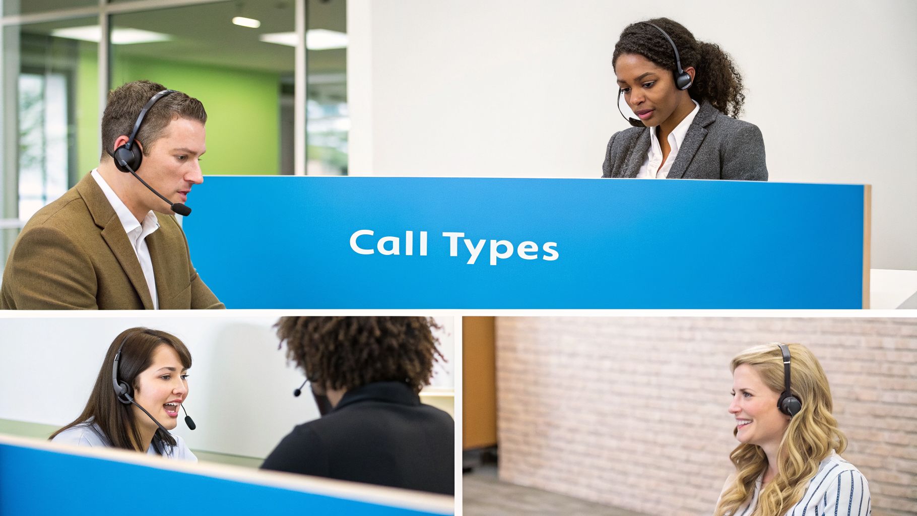 Diverse call center agents wearing headsets, working in a professional office environment.
