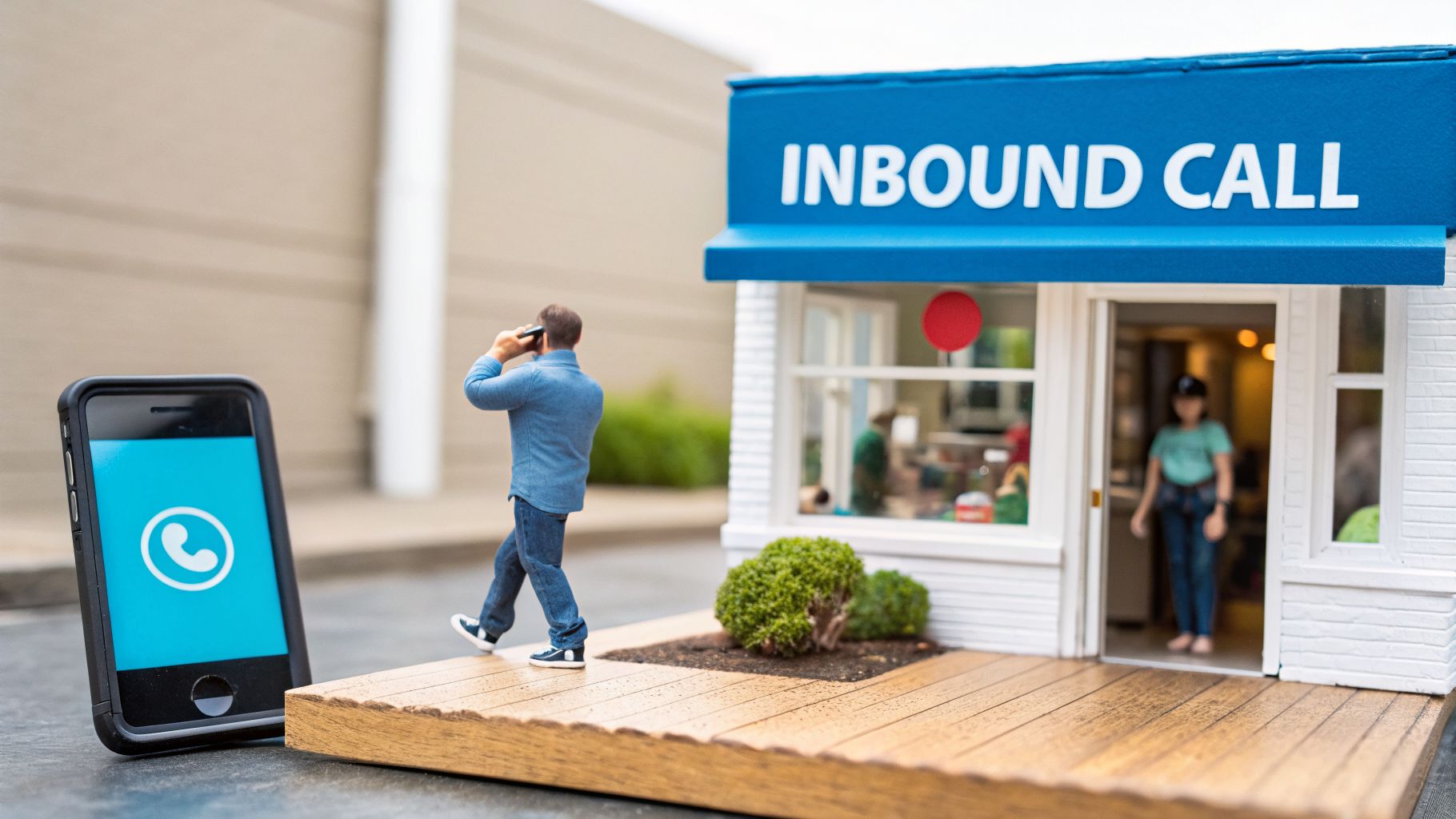 Miniature man on phone, walking towards an "INBOUND CALL" store, with a large smartphone showing a call icon.