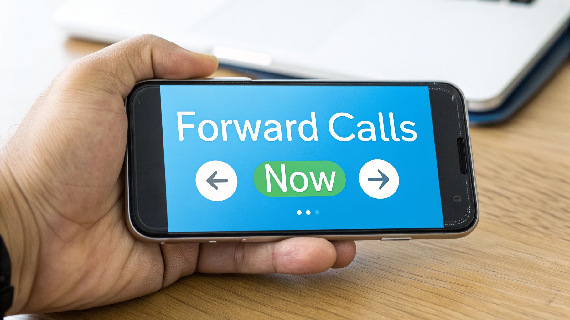 A person's hand holds a smartphone displaying 'Forward Calls Now' on a blue screen.