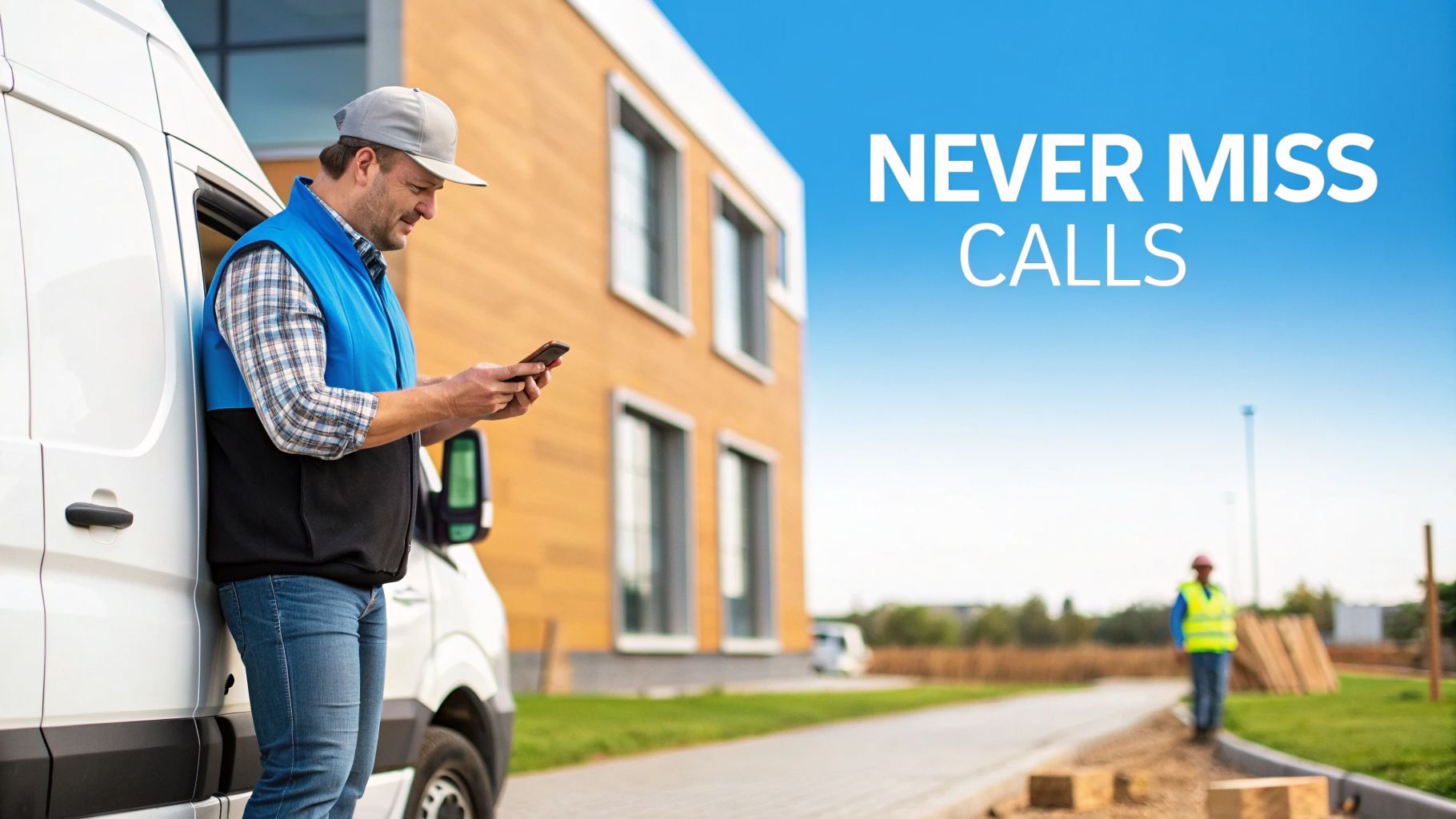 A delivery man in a vest and cap looking at his phone next to a white van, with 'NEVER MISS CALLS' text.