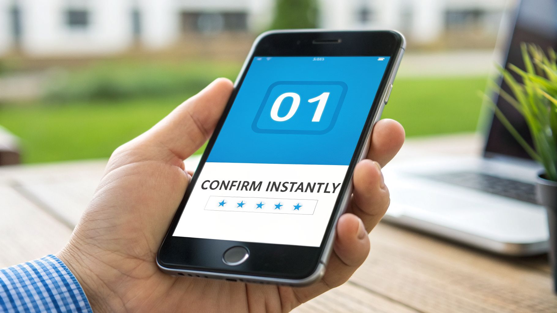 A hand holds a smartphone displaying a blue screen with '01', 'CONFIRM INSTANTLY', and a five-star rating.