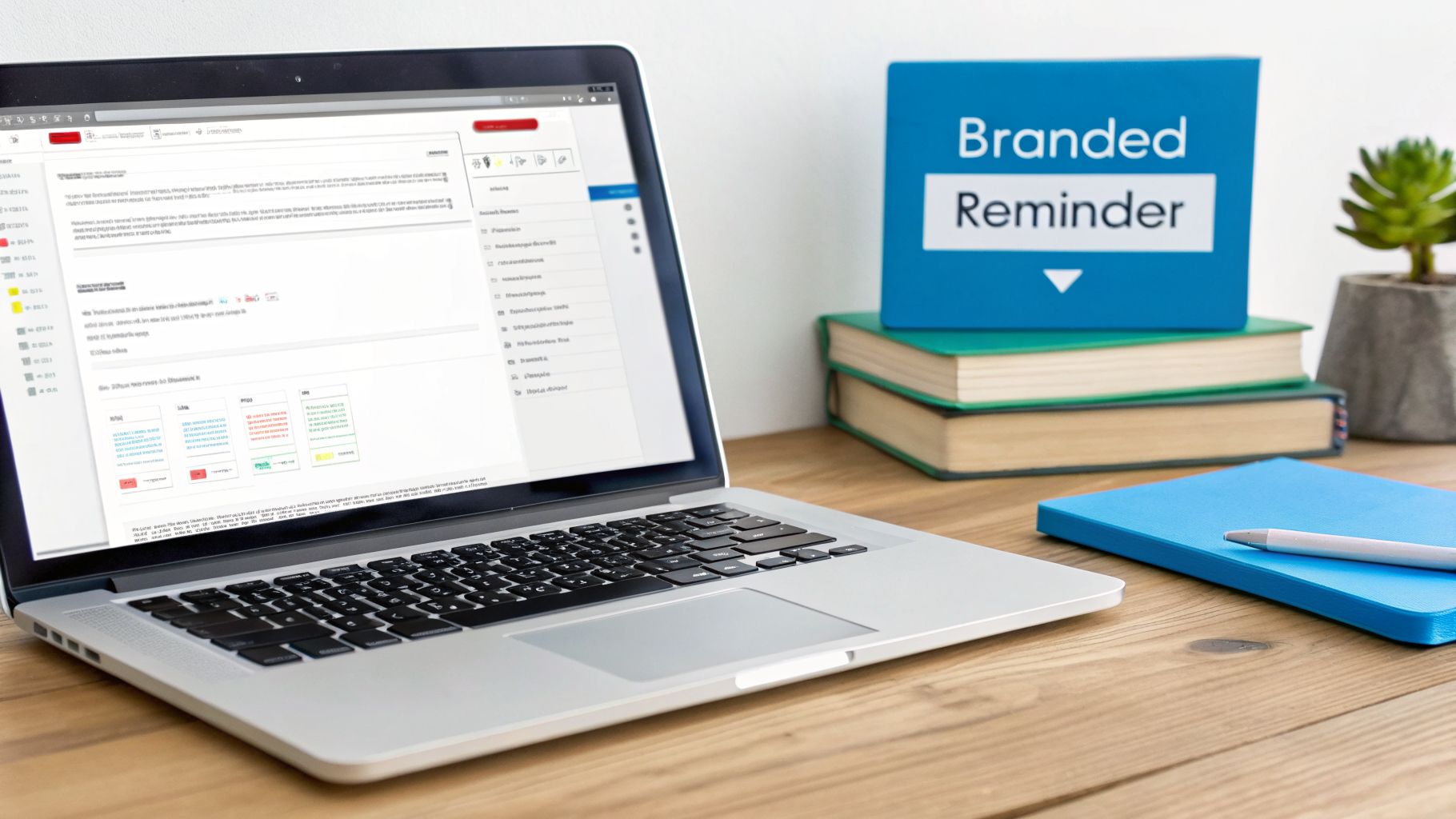 Laptop screen showing an email template next to a 'Branded Reminder' box on a wooden desk.
