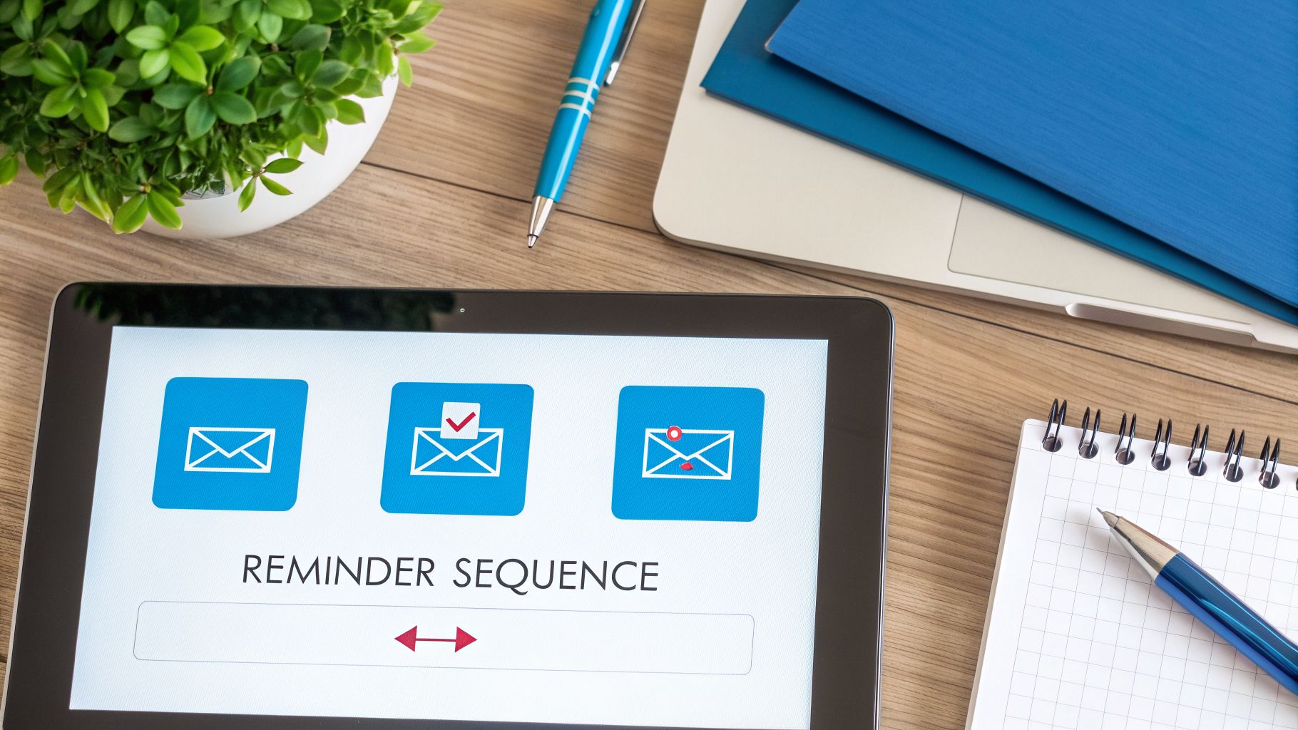 A tablet displays email reminder sequence icons on a wooden desk with office supplies.