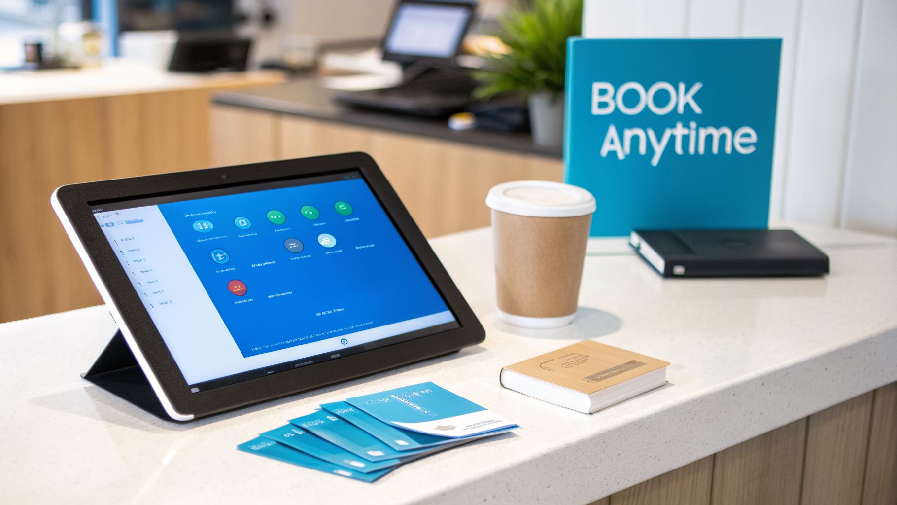 A tablet displaying appointment scheduling software on a modern counter with a coffee cup and 'BOOK Anytime' sign.