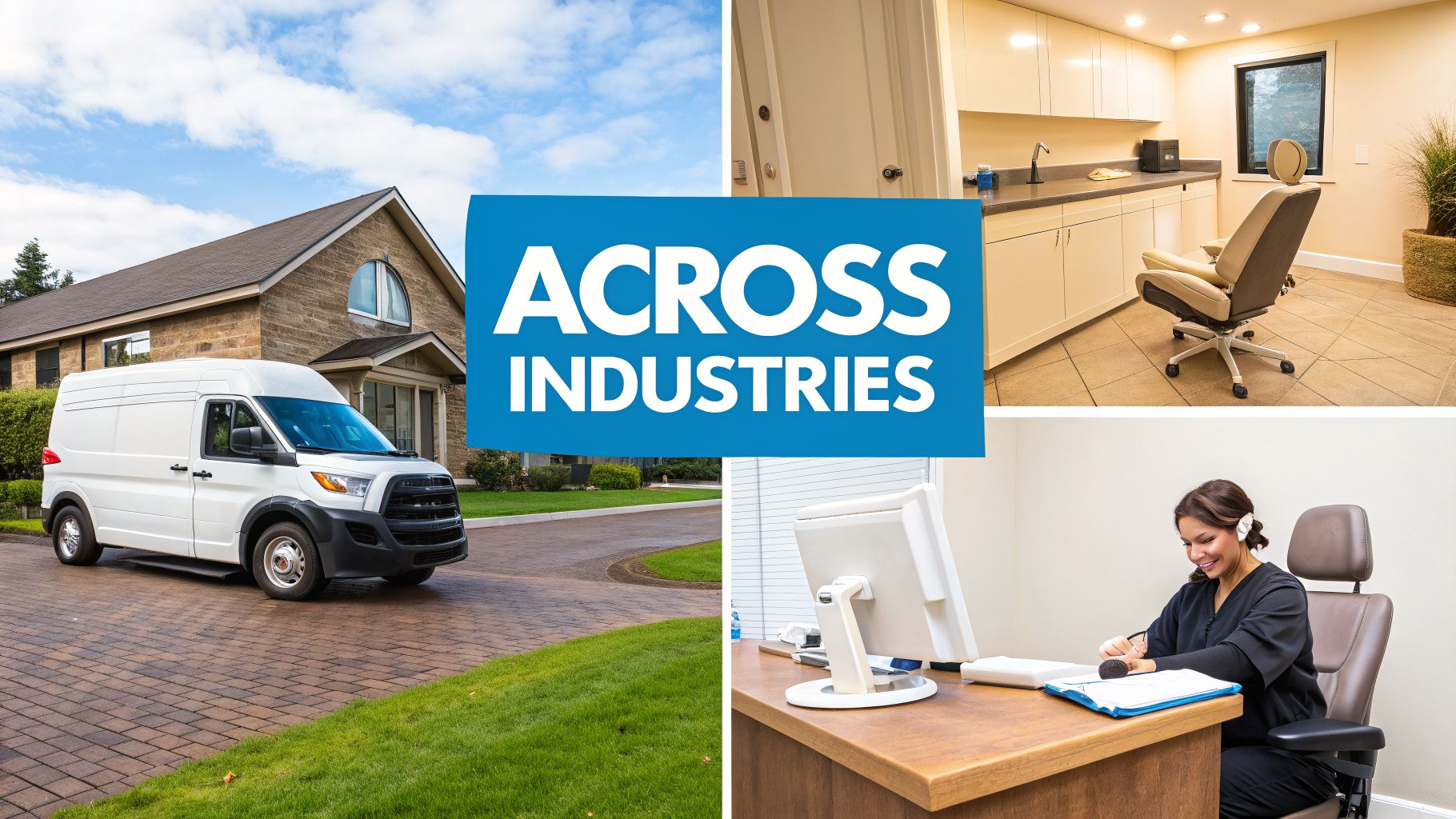 Collage of a delivery van, a modern clinic room, and an office worker, representing diverse industries.