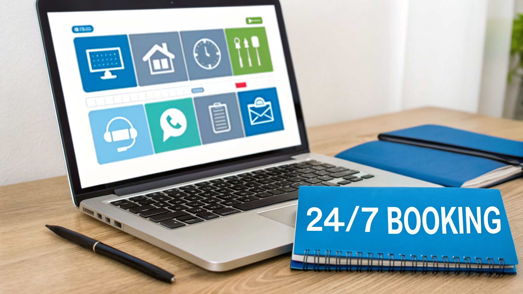 A laptop shows an online booking interface with service icons, next to a notebook displaying '24/7 BOOKING'.
