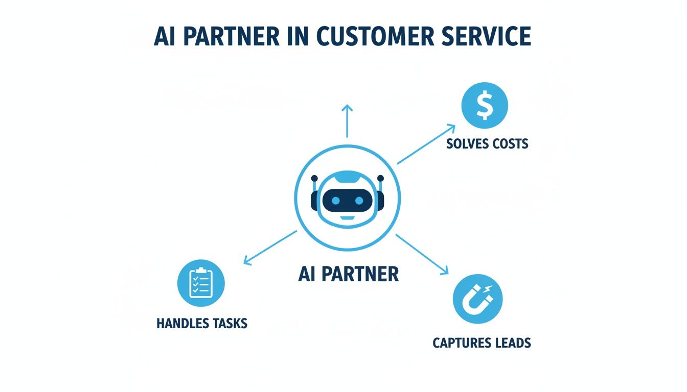 Diagram illustrates how an AI partner in customer service solves costs, handles tasks, and captures leads.