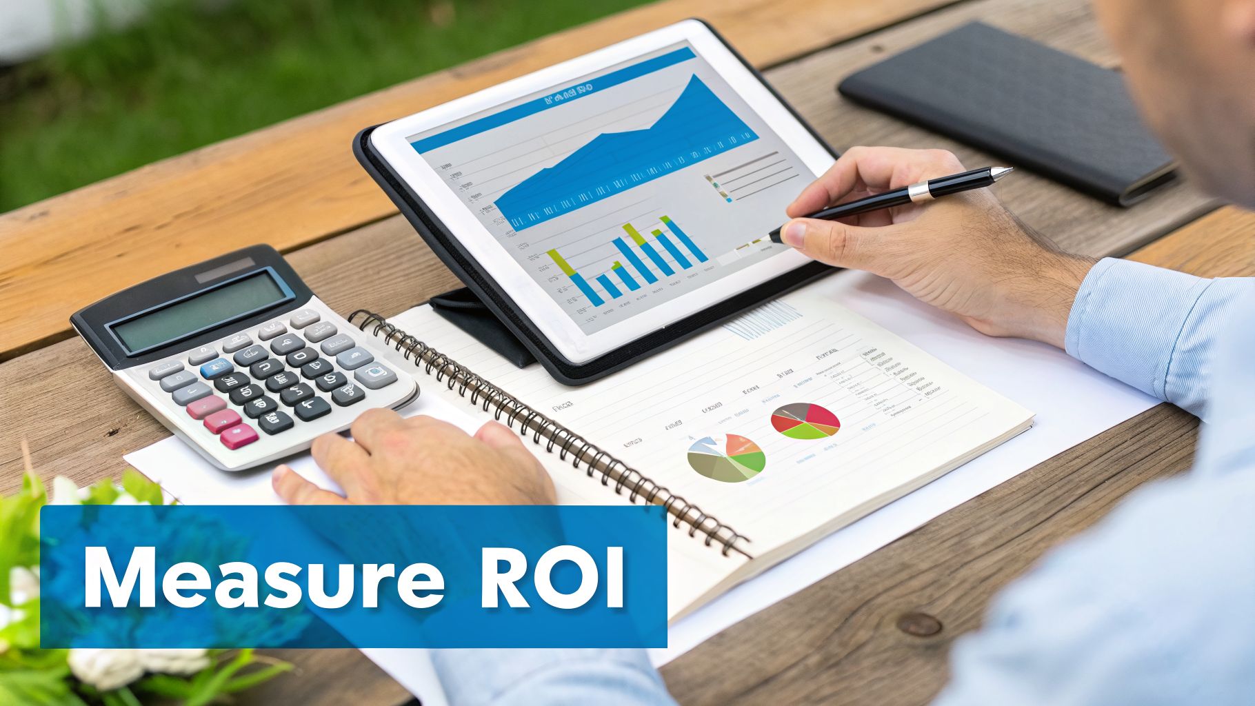A person analyzing business data with a calculator, tablet showing charts, and a notebook, measuring ROI.