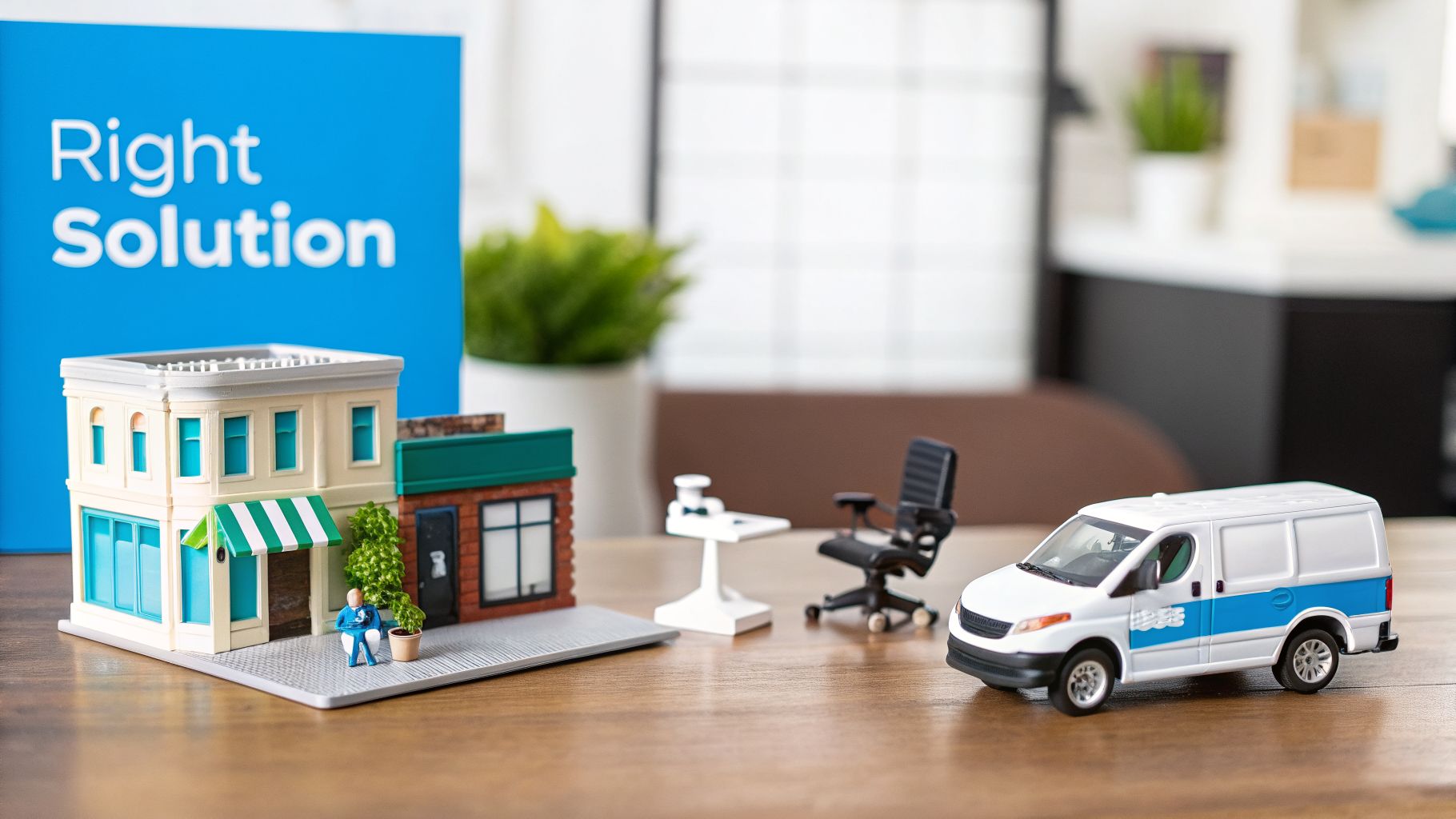 Miniature cityscape with buildings, a delivery van, an office chair, and 'Right Solution' branding.