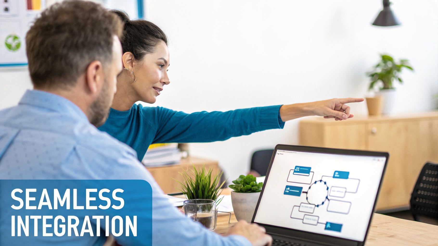 Two professionals collaborating in an office, viewing a diagram on a laptop, emphasizing seamless integration.
