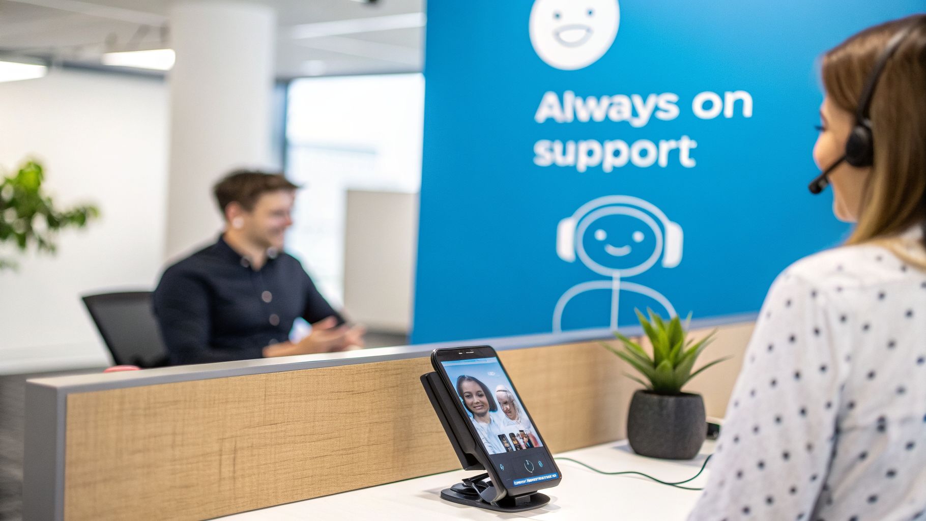 A woman in a headset on a video call at her desk, with "Always on support" in the background.