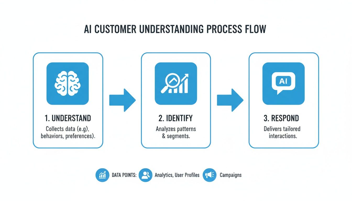 Flowchart illustrating the AI customer understanding process from data collection to tailored interactions.