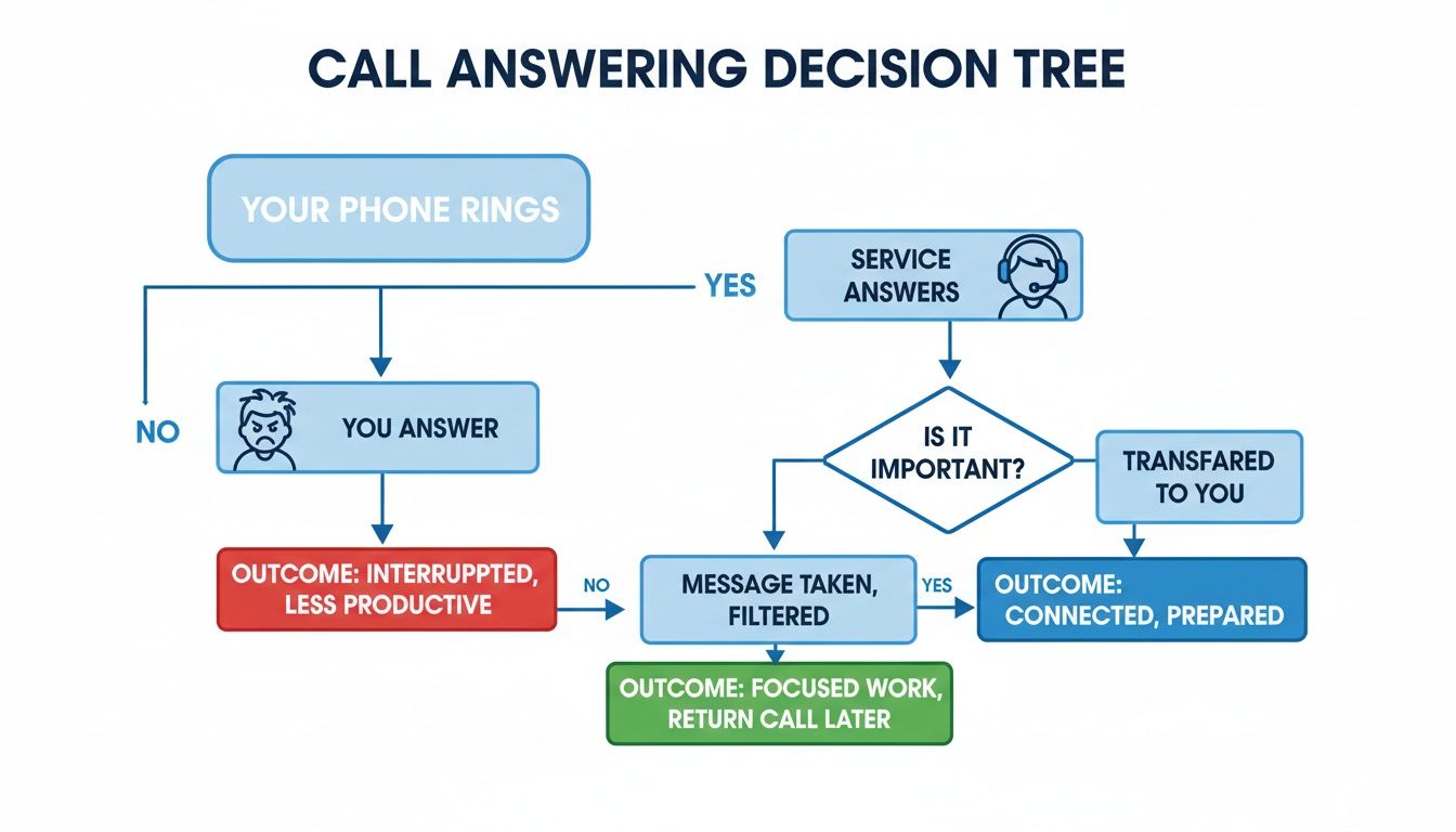 Decision tree flowchart illustrating call answering options to optimize productivity and preparedness.