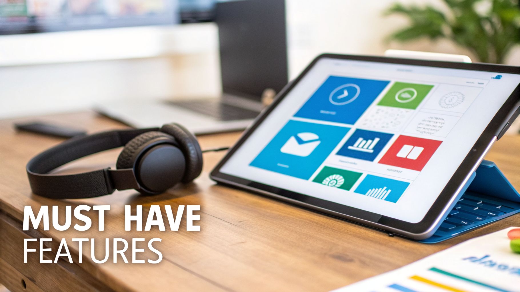 Desk setup with a tablet showing app icons, headphones, laptop, and 'MUST HAVE FEATURES' text.