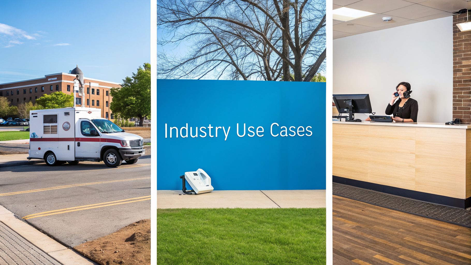 A triptych displaying a white utility van, 'Industry Use Cases' text on a blue wall, and a receptionist on the phone.