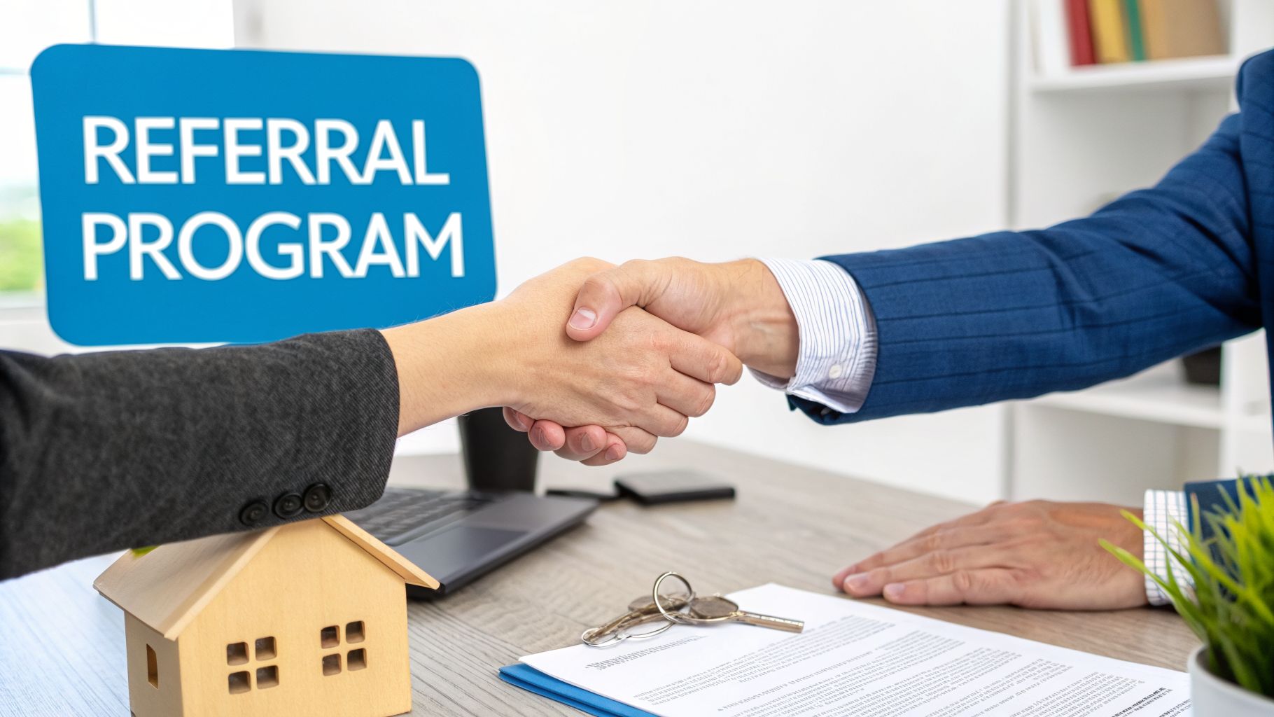 Two people shaking hands at a desk with a "REFERRAL PROGRAM" sign, symbolizing a business agreement.