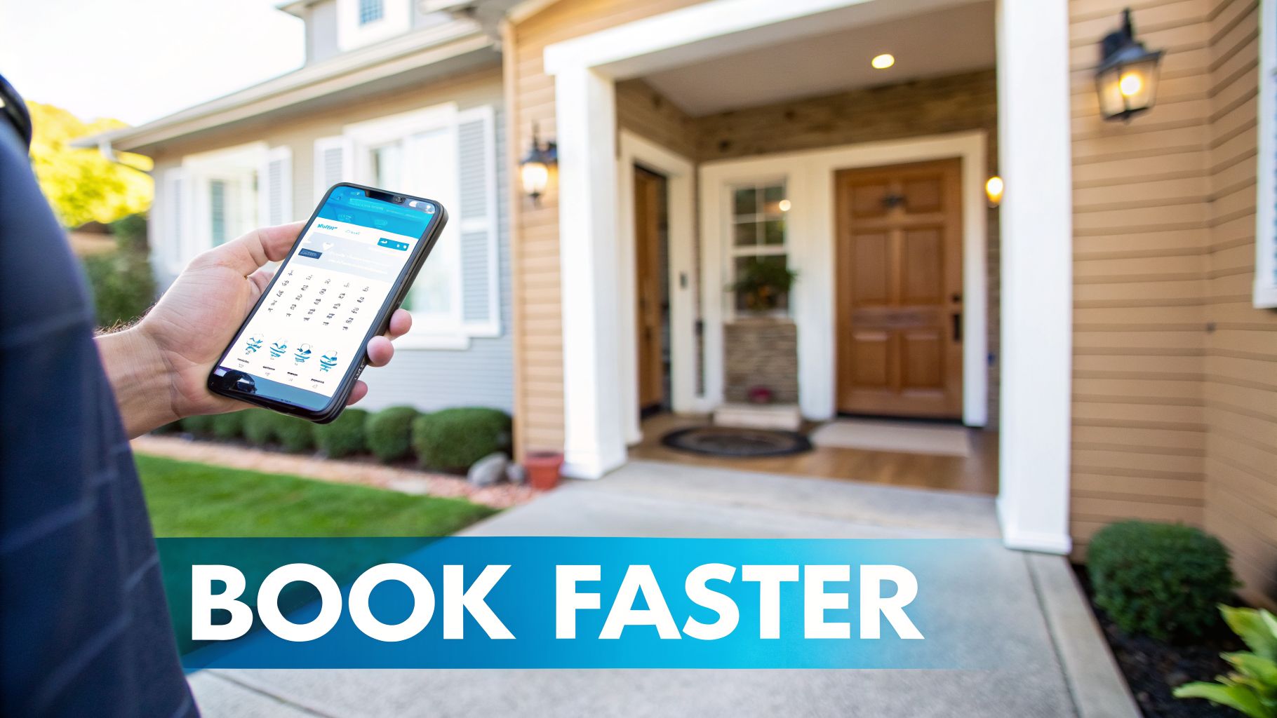 A person holds a smartphone displaying a booking app in front of a residential house, with 'BOOK FASTER' text.