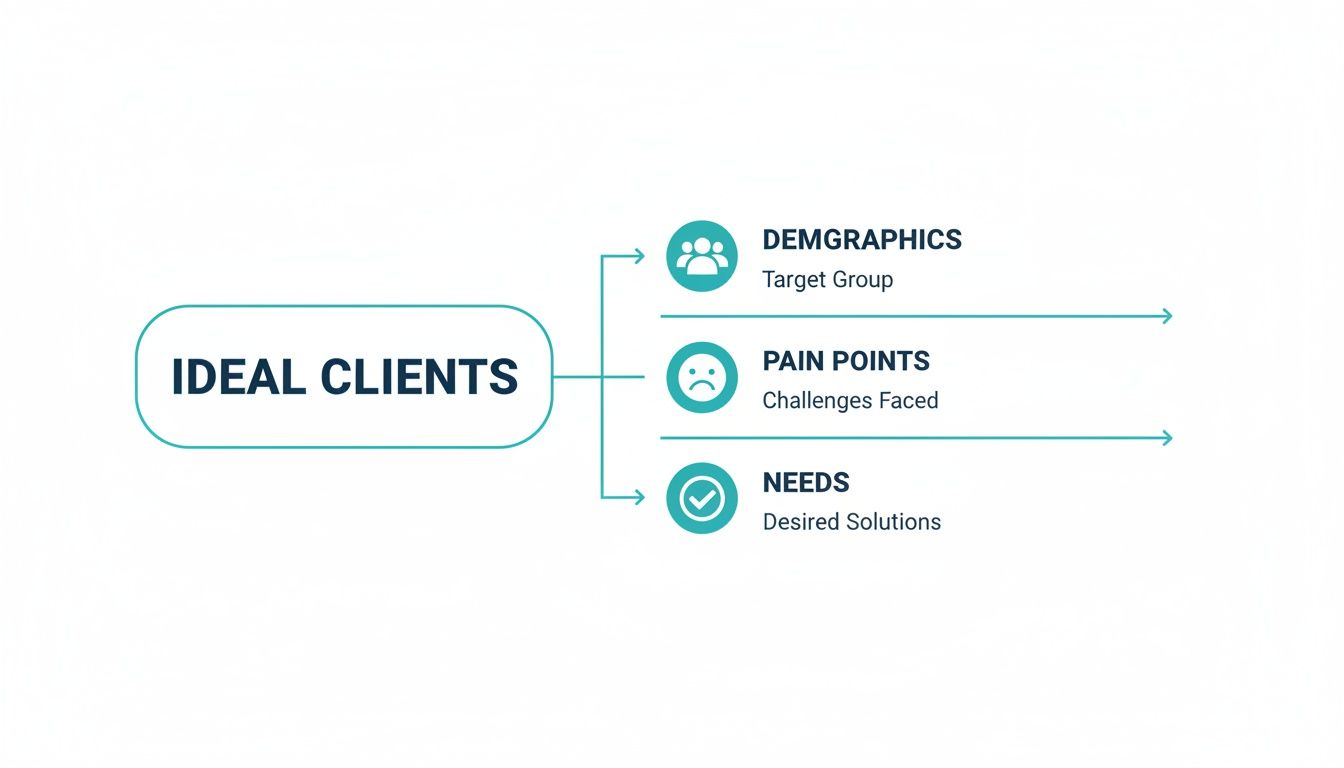 A diagram illustrating 'Ideal Clients' broken down into Demographics, Pain Points, and Needs for a target audience.