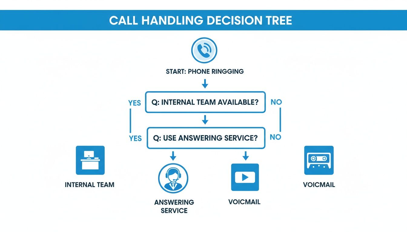 A call handling decision tree flowchart determining if an internal team, answering service, or voicemail handles a ringing phone.