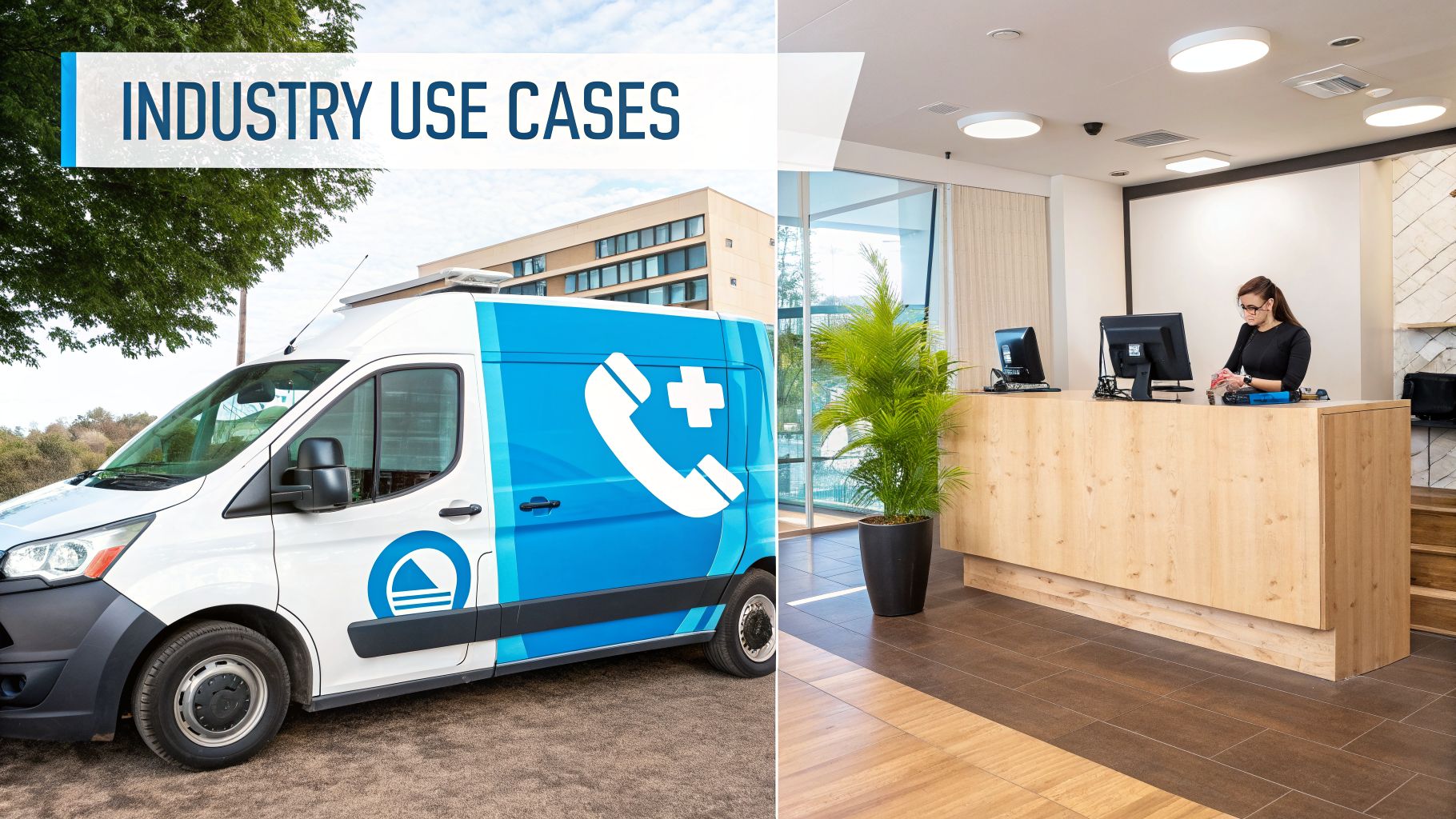 A white and blue service van with a medical phone logo, and a woman working at a modern reception desk.