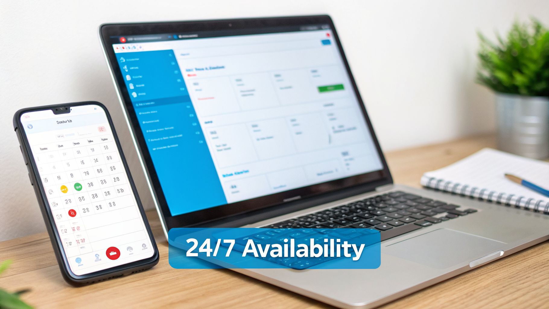 Laptop and smartphone displaying scheduling apps on a desk, highlighting 24/7 availability.