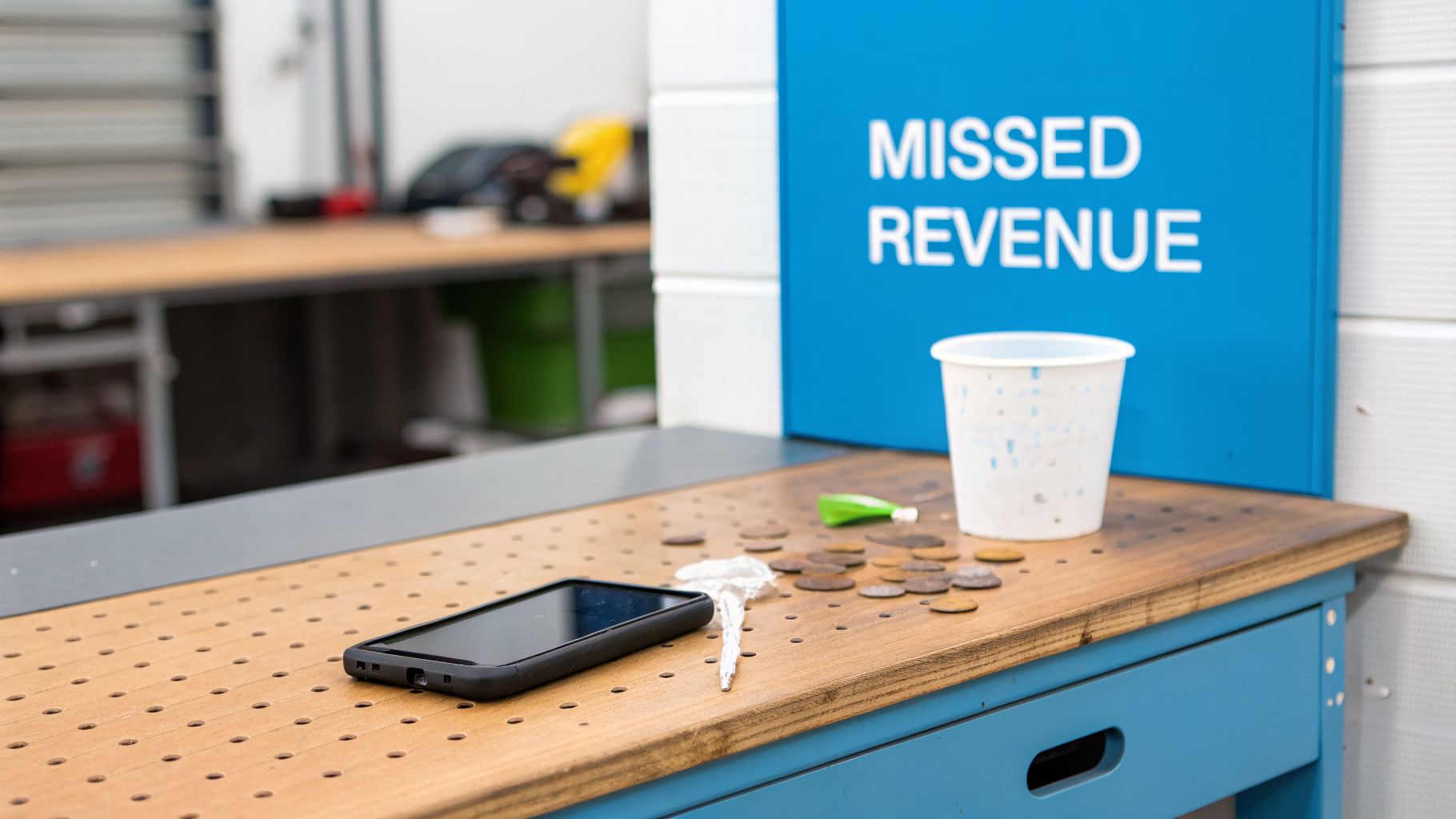 A workbench with a phone, scattered coins, and a cup next to a "Missed Revenue" sign.