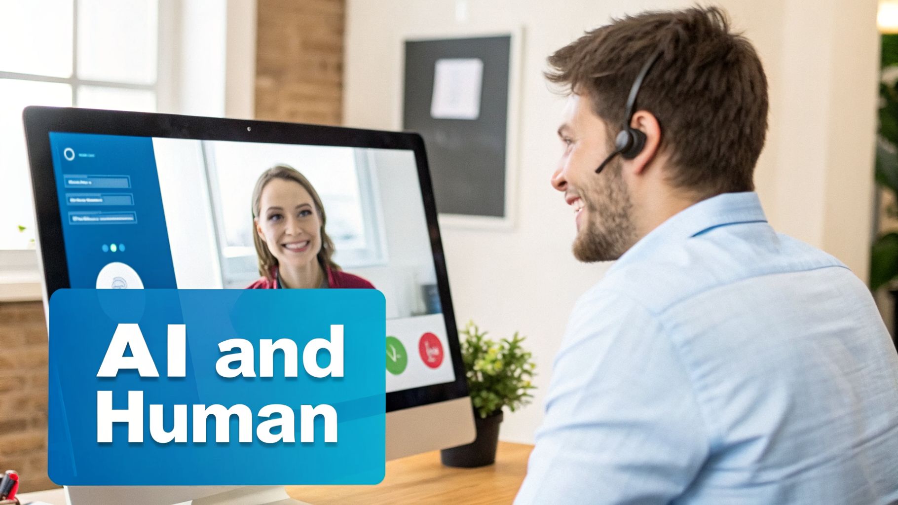A man wearing a headset smiles at a computer screen showing a smiling woman during an 'AI and Human' video call.