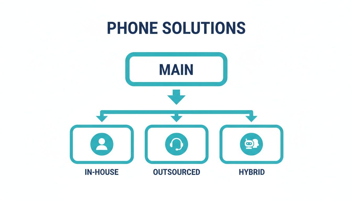 Flowchart illustrating phone solutions: main options include in-house, outsourced, and hybrid models.