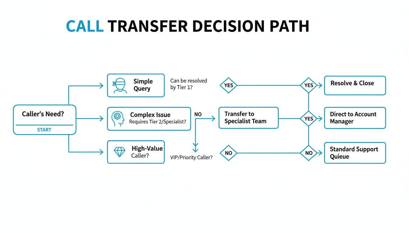Flowchart detailing a call transfer decision path based on caller's needs and issue complexity.