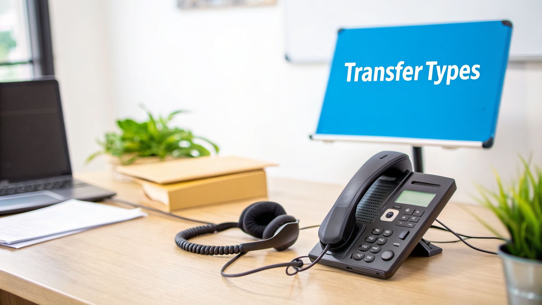An office desk with a black landline phone, headphones, a laptop, and a blue board displaying 'Transfer Types'.