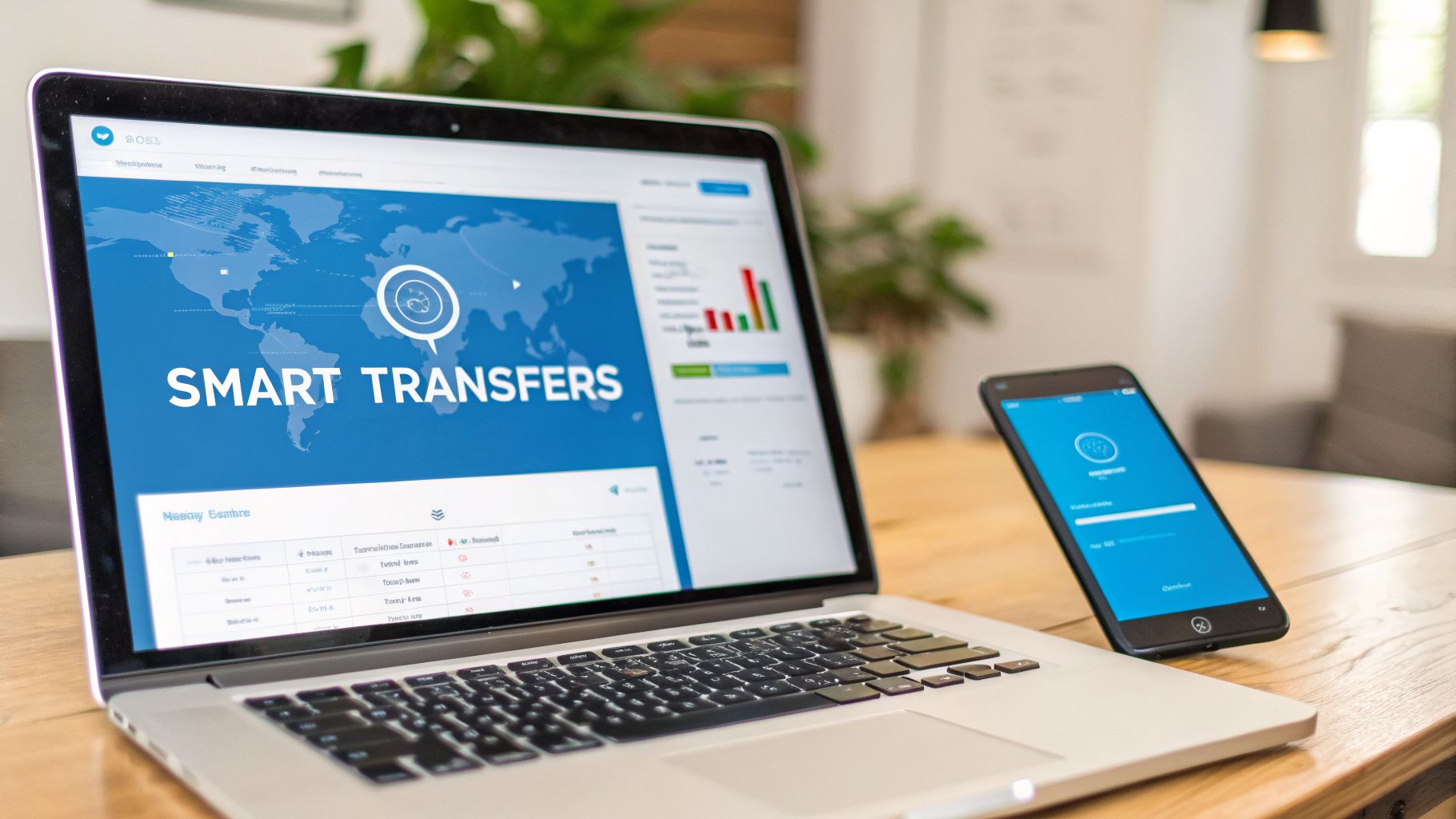 A laptop displays 'SMART TRANSFERS' with a world map, next to a smartphone on a wooden desk.