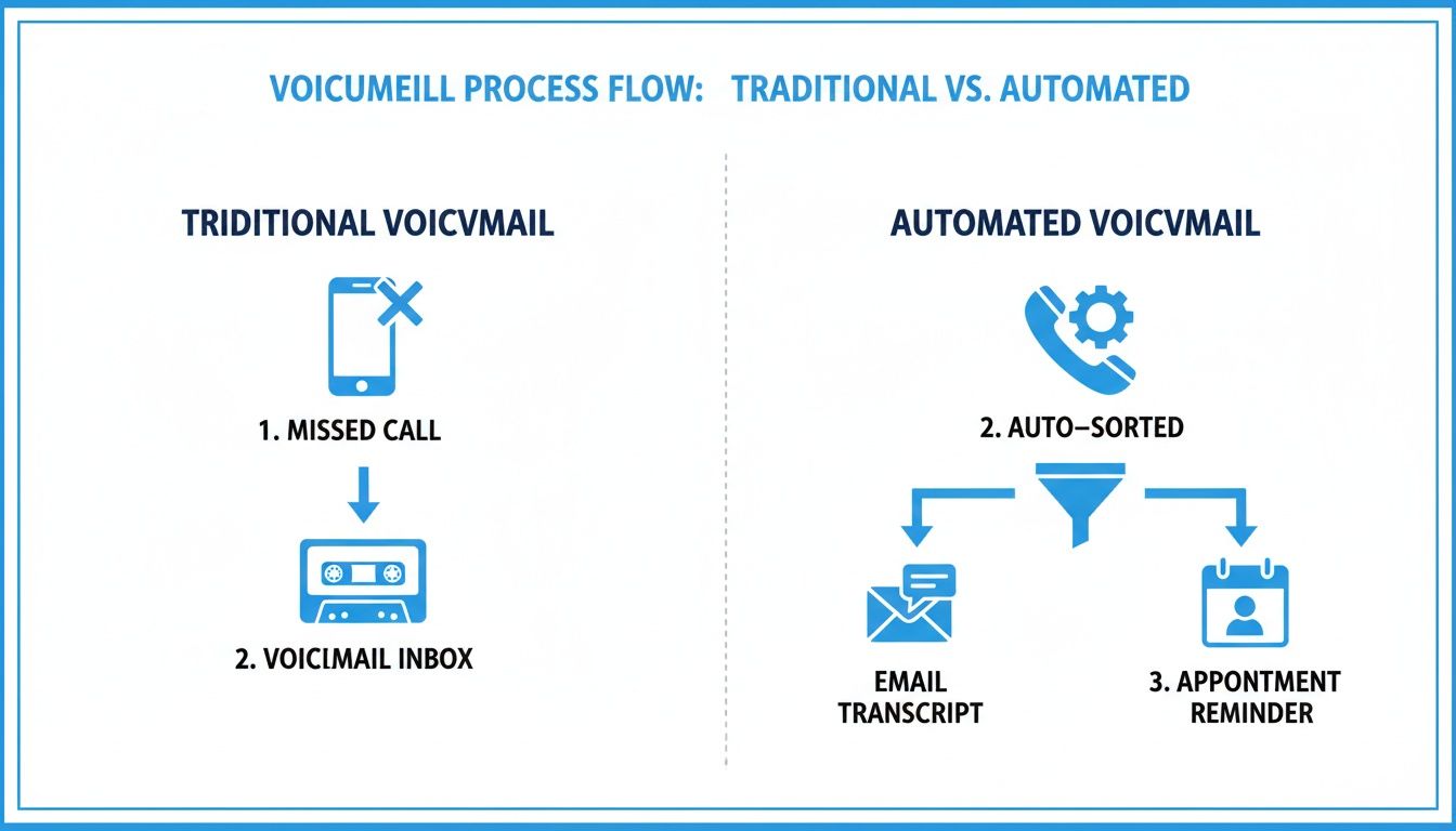 Flowchart comparing traditional voicemail (missed call to inbox) with automated voicemail (auto-sorted to email or appointment reminder).
