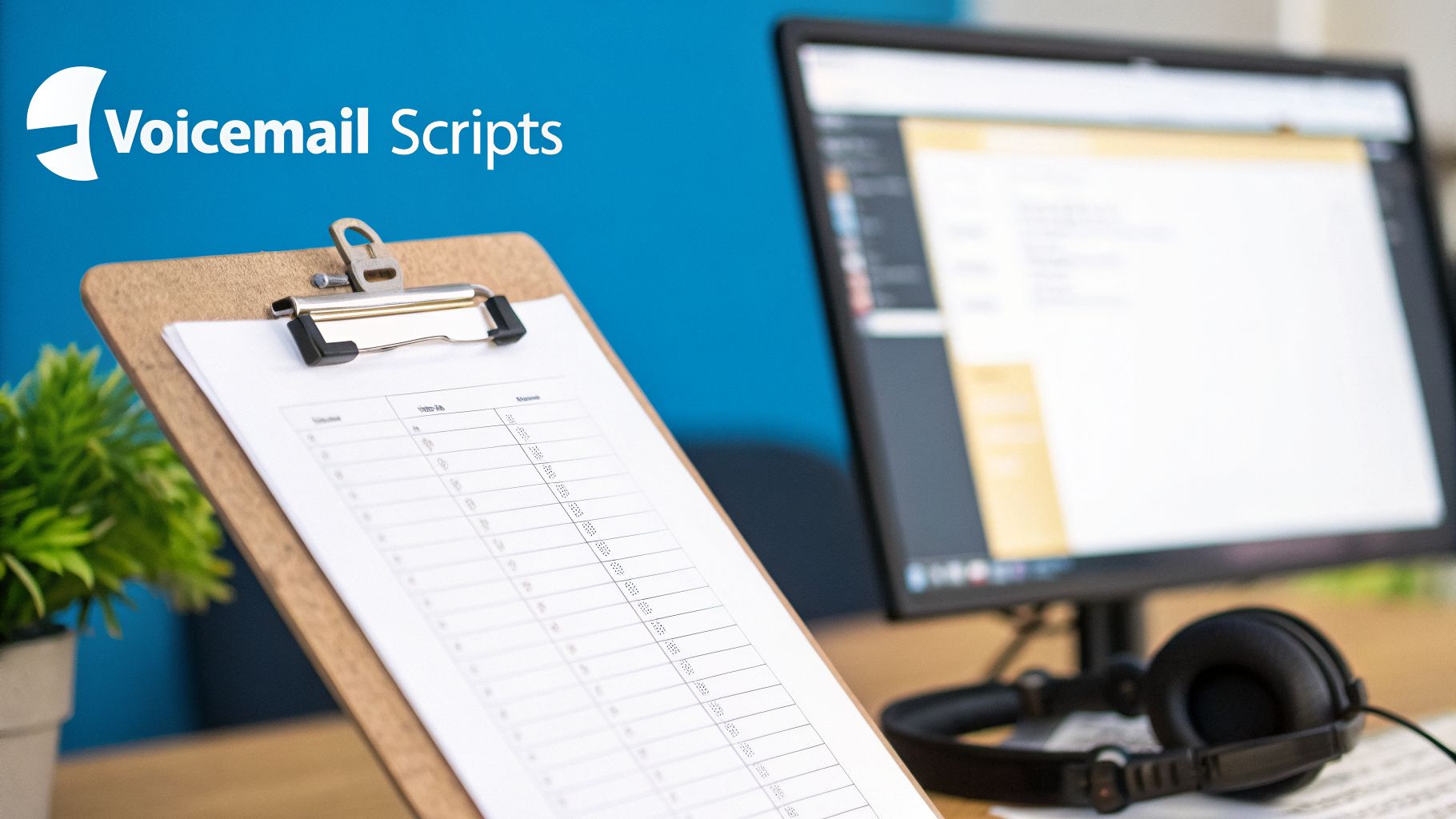 A clipboard with voicemail scripts, a computer monitor, and headphones on a desk.