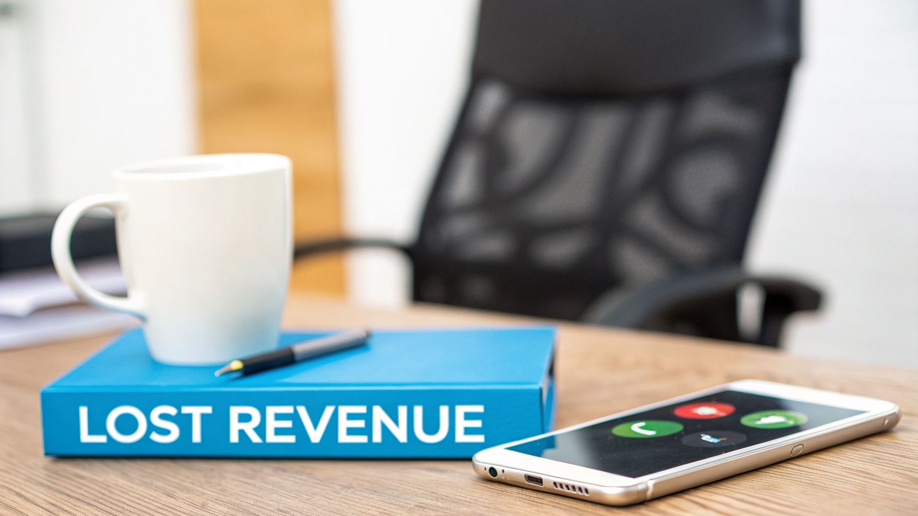 A white mug, pen, and smartphone on a wooden desk next to a blue folder labeled 'LOST REVENUE'.