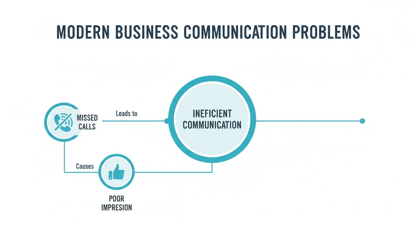 Flowchart illustrating modern business communication problems: missed calls, inefficient communication, and poor impression.